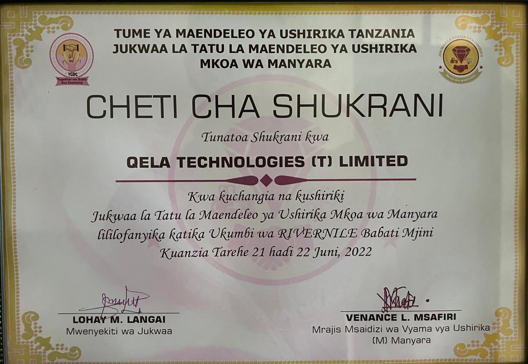 Shukrani Certificate